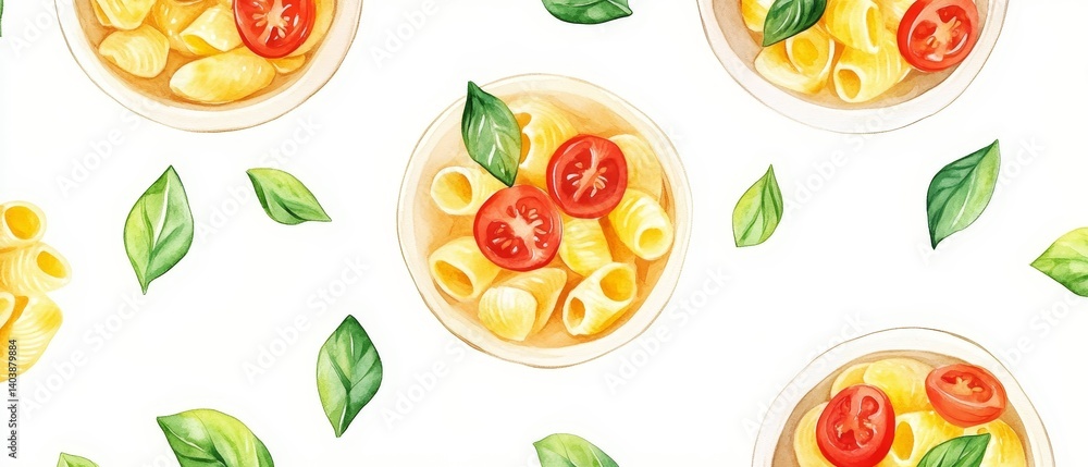A watercolor painting of three bowls of pasta with tomatoes and basil A watercolor painting of three bowls of pasta with tomatoes and basil