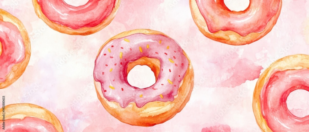 Obraz premium A watercolor painting of a pink frosted doughnut with sprinkles