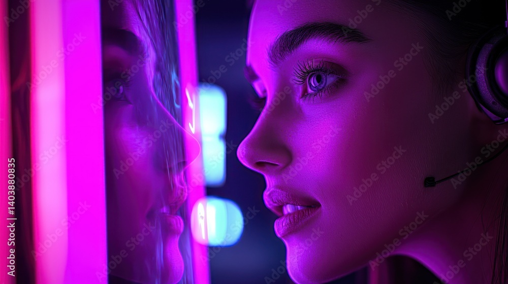 Fototapeta premium A woman contemplates her reflection bathed in purple and neon light