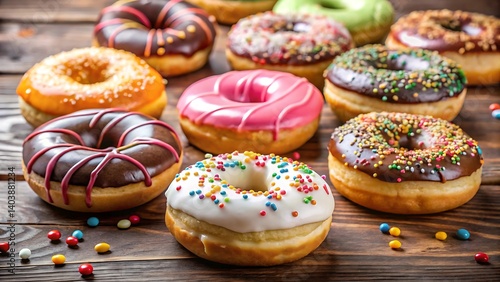 Wallpaper Mural Delicious variety of doughnuts with colorful toppings displayed on a wooden surface Torontodigital.ca