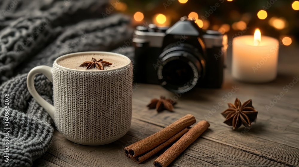A warm beverage with star anise and camera next to candles A warm beverage with star anise and camera next to candles