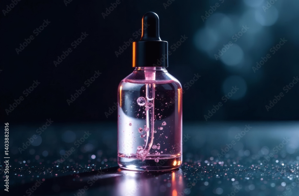Crystal bottle of serum with diamond processing, glare of light, dark dramatic background, shimmer, silver Crystal bottle of serum with diamond processing, glare of light, dark dramatic background, shimmer, silver