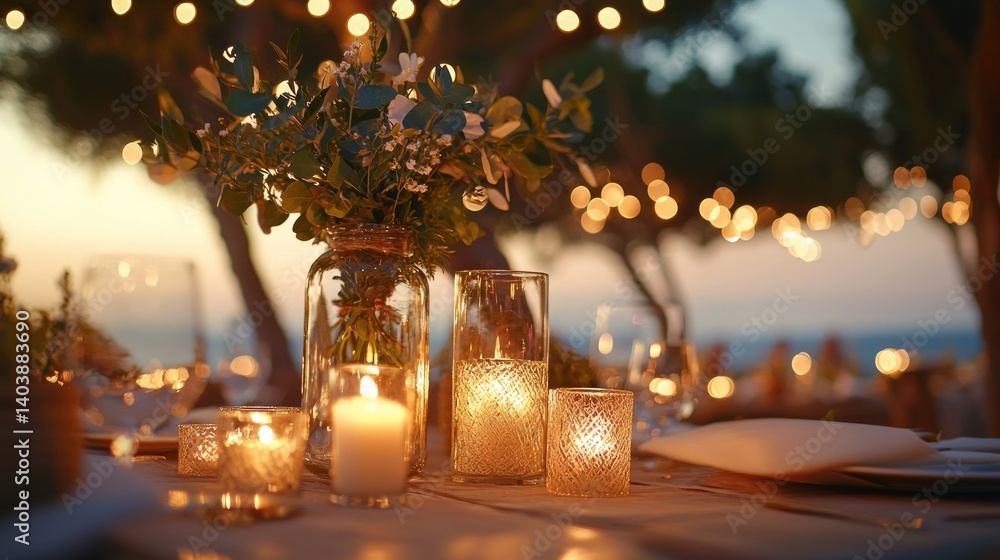 Romantic outdoor dining table setting with candles and floral arrangements Romantic outdoor dining table setting with candles and floral arrangements