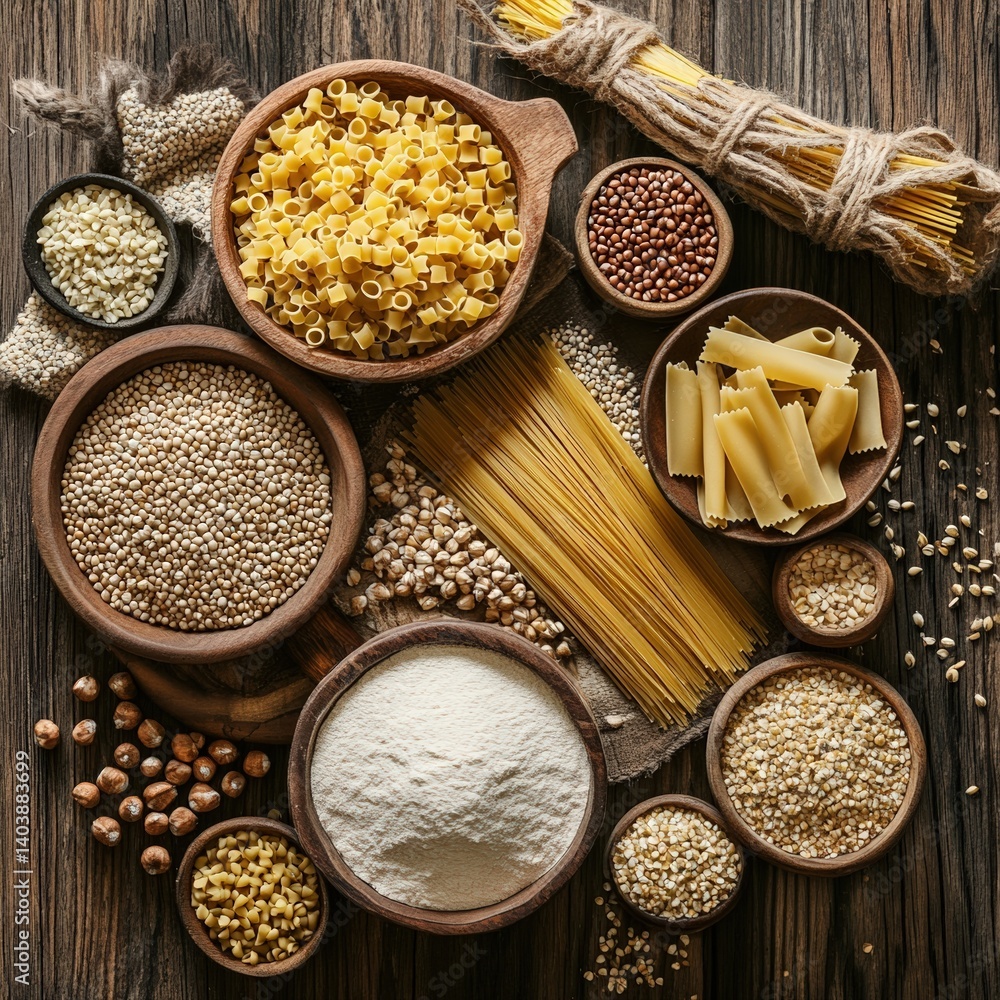 A top-down view of assorted buckwheat-based pasta, groats, and flour in wooden bowls with grains scattered on a rustic table A top-down view of assorted buckwheat-based pasta, groats, and flour in wooden bowls with grains scattered on a rustic table