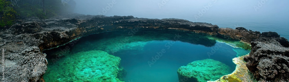 Fototapeta premium A stunning blue pool surrounded by dark rugged rock formations