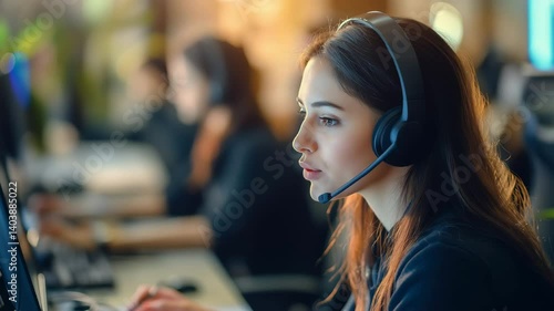 Focused young woman with headset works in a modern call center or in customer support.