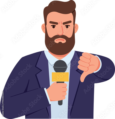A serious man with a beard holding a microphone and showing a thumbs down gesture in a flat vector illustration