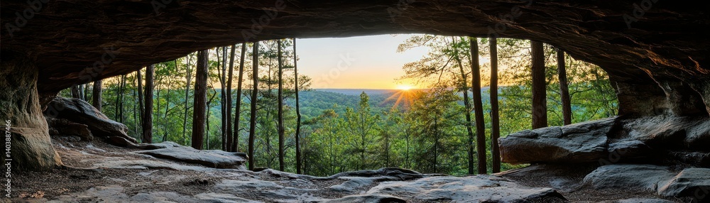 A cave opening frames a forest landscape at sunset A cave opening frames a forest landscape at sunset