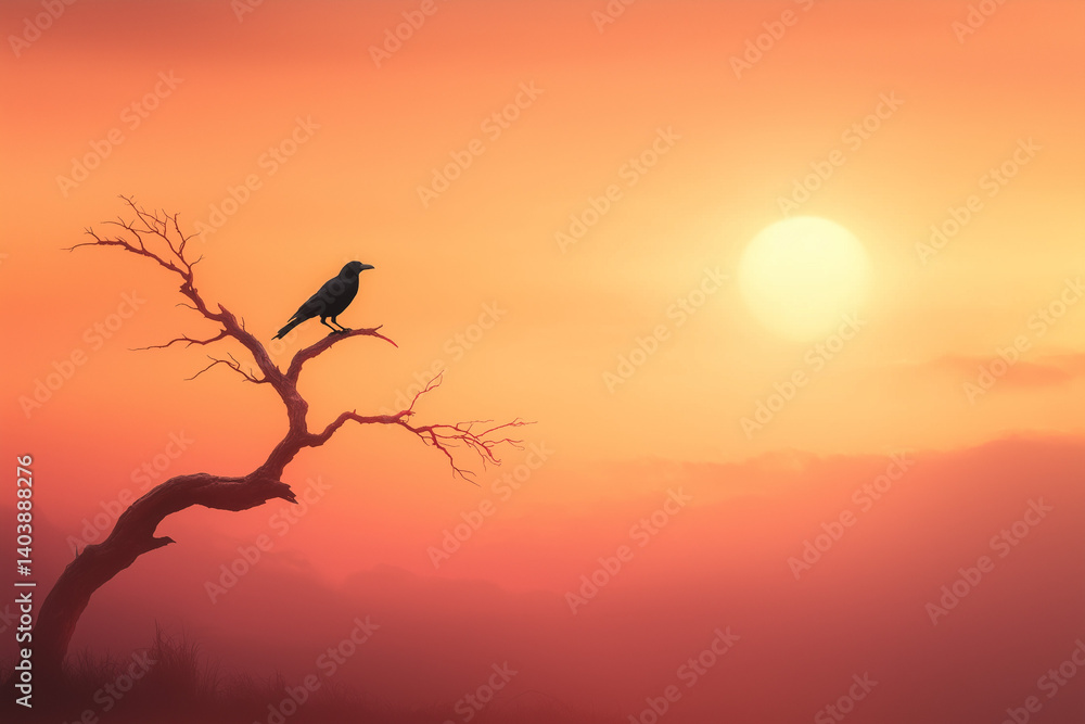 Naklejka premium Bird Silhouette Contemplating at Sunset Against Orange Sky 