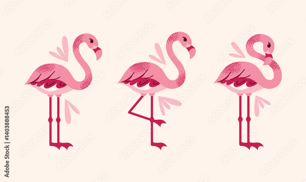 Obraz premium Set of stylized pink flamingos in various poses. Flat vector cartoon illustration isolated on light background. Tropical bird. Summer and exotic nature concept.
