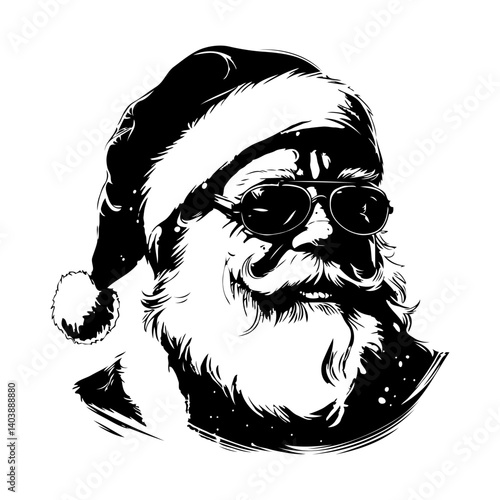 Bearded Santa Claus with sunglasses and Santa hat in bold black ink style on white background, concept of modern Christmas character design