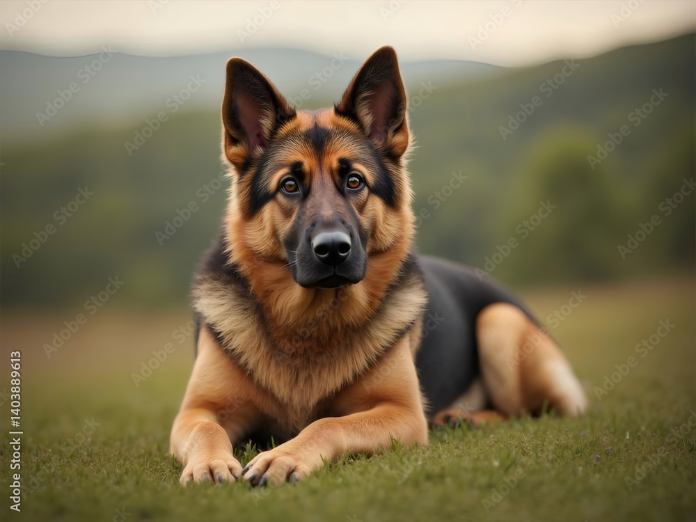 German Shepherd Dog Relaxing On Green Grass Outdoors with Brown and Black Fur and Focused Gaze German Shepherd Dog Relaxing On Green Grass Outdoors with Brown and Black Fur and Focused Gaze