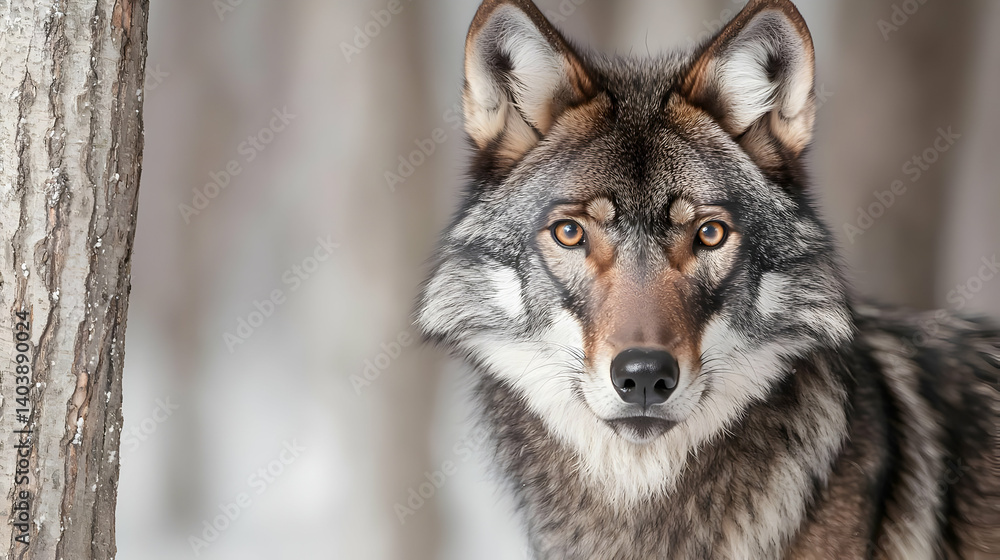 Obraz premium Close Up Portrait Of A Gray Brown Wolf In Winter Forest