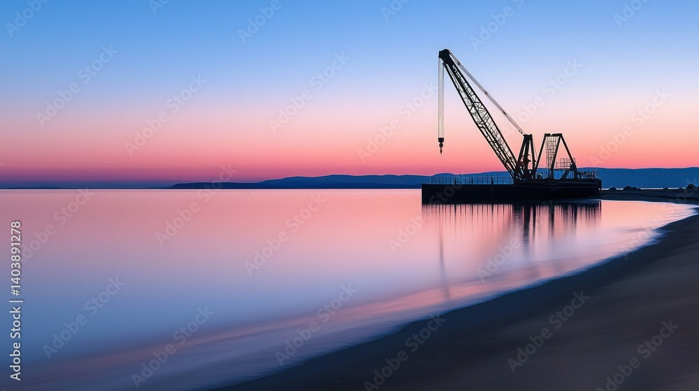 Obraz premium A large crane stands on a platform near a calm shoreline