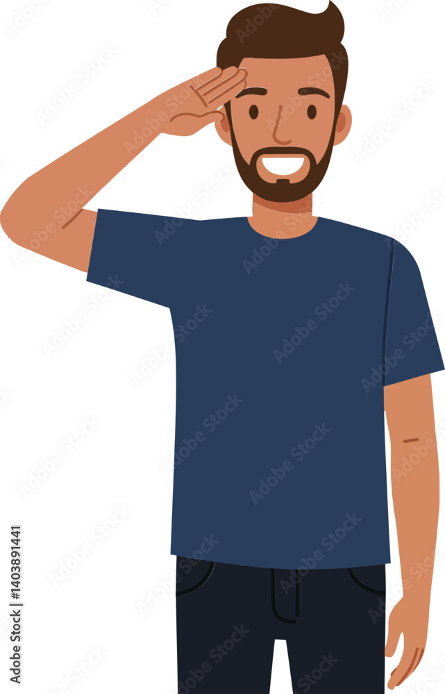 A cheerful young man saluting with a friendly smile in a minimal flat design vector illustration A cheerful young man saluting with a friendly smile in a minimal flat design vector illustration
