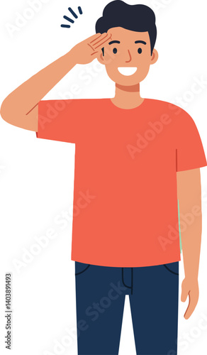 Cheerful young man in a red shirt giving a friendly salute, flat vector illustration with a positive tone and engaging visual style, vector art