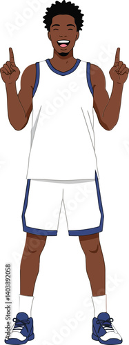 Cheerful young basketball player in white uniform celebrating victory, flat vector illustration showcasing enthusiasm and sportsmanship in a minimalist style vector art