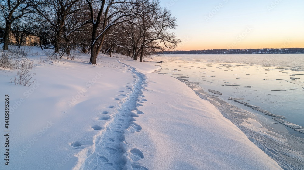 Obraz premium Footprints traverse the snow covered shoreline alongside the frozen water