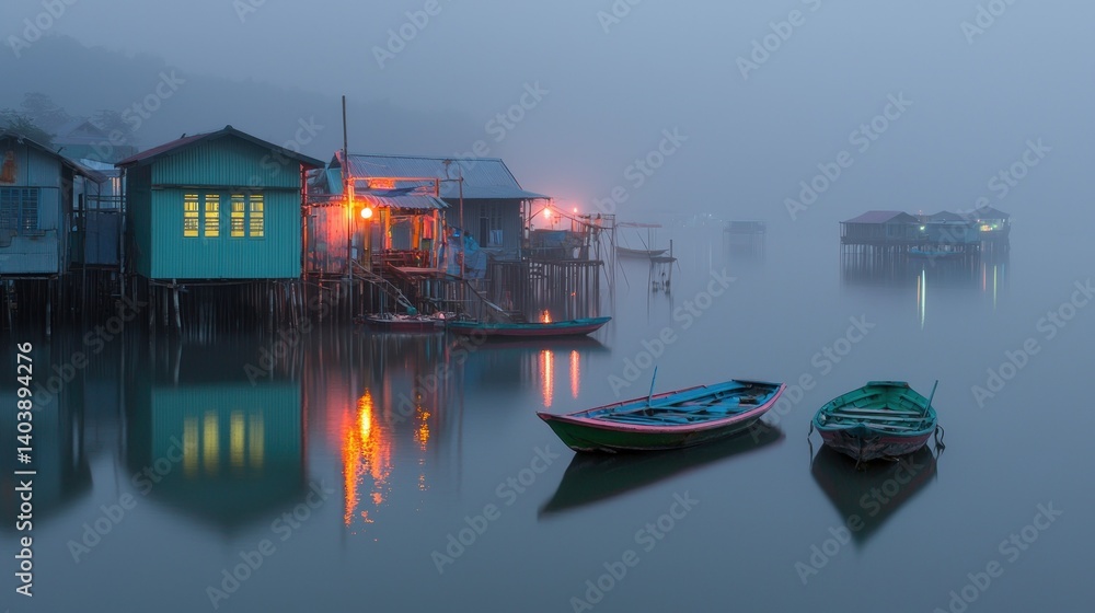Boats rest peacefully next to waterfront houses in the misty fog Boats rest peacefully next to waterfront houses in the misty fog