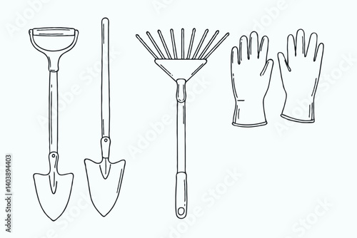 Gardening tools including shovel, rake, and gloves on light background