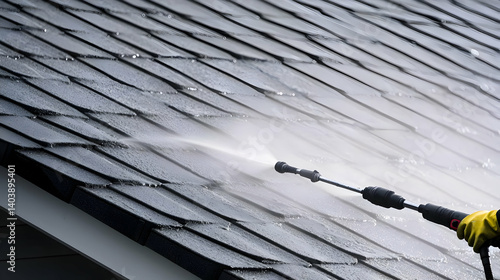 Close Up View Of Roofing Cleaning Process Using A Pressure Washer With Water Spray Showing Wet Tiles And Professional Maintenance