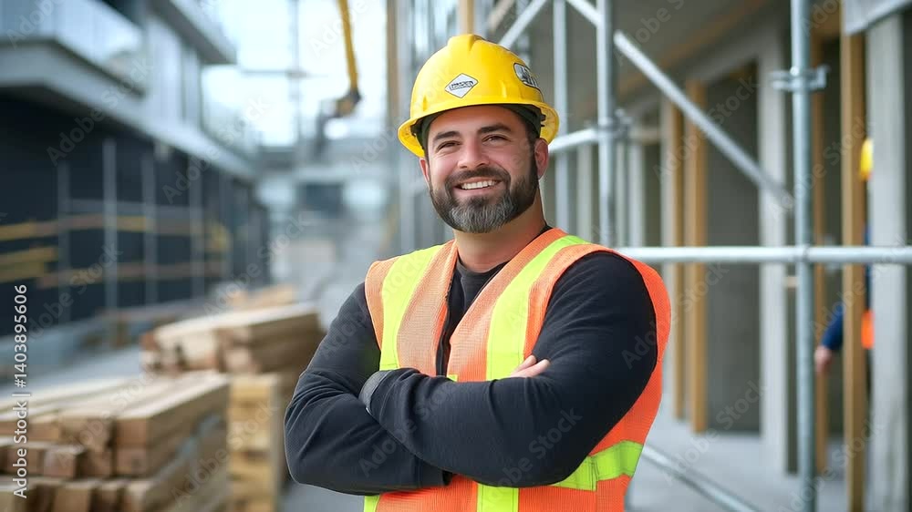 A seasoned construction professional with a confident expression, wearing an orange high-visibility vest and yellow helmet. He stands beside an excavator, surveying the progress of A seasoned construction professional with a confident expression, wearing an orange high-visibility vest and yellow helmet. He stands beside an excavator, surveying the progress of