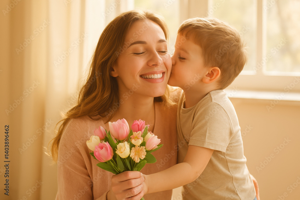 Maman embrassée sur la joue par son petit garçon pour la fête des mères, bouquet de fleurs à la main, scènes lumineuses pleines d’amour dans un intérieur chaleureux Maman embrassée sur la joue par son petit garçon pour la fête des mères, bouquet de fleurs à la main, scènes lumineuses pleines d’amour dans un intérieur chaleureux