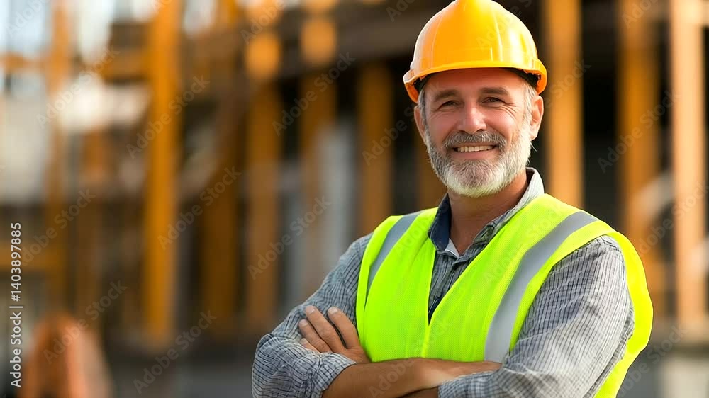 A construction foreman in high-visibility workwear, standing in front of a towering structure under development. His warm smile and determined gaze convey expertise and leadership. A construction foreman in high-visibility workwear, standing in front of a towering structure under development. His warm smile and determined gaze convey expertise and leadership.