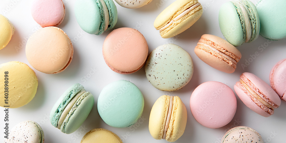 Pastel-colored macarons arranged on white background, showcasing variety of colors and textures, representing delicacy, sweetness, and French pastry artistry