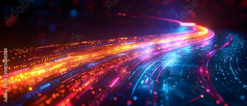 Bright Data Stream Flowing Across Dark Backdrop Abstract Visualization Concept