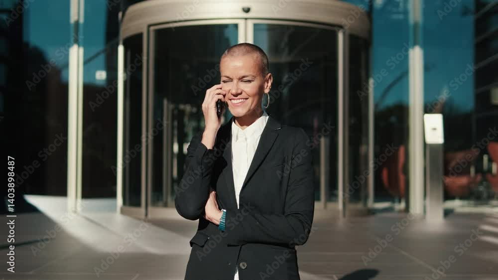 A businesswoman with a shaved head smiles while talking on her phone outside a modern office building. She exudes confidence and success. A businesswoman with a shaved head smiles while talking on her phone outside a modern office building. She exudes confidence and success.