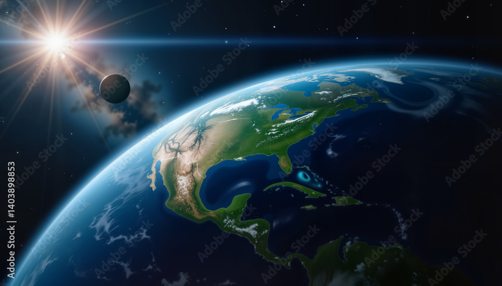 Obraz premium Vibrant Earth rotating in deep space with distant stars, cosmic beauty