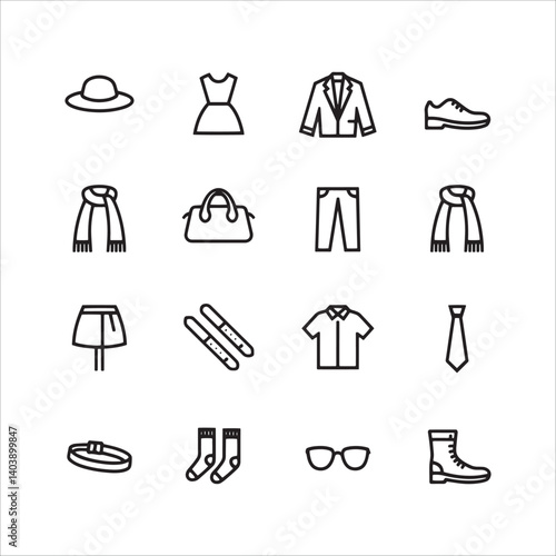 Clothing and Accessories Icons Set - Fashion, Apparel, Wear,Vector Line Art.