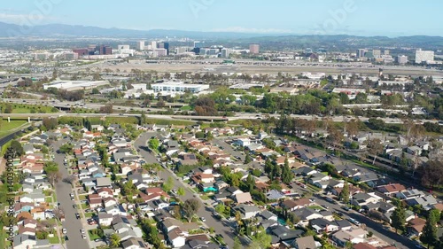 Aerial drone shot view of Orange County Costa Mesa Irvine buildings airport 03