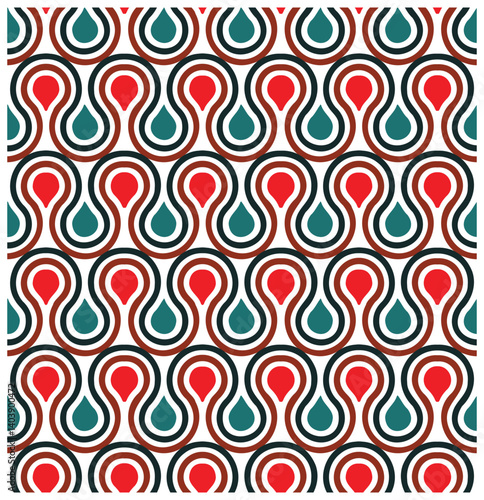 A repeating geometric pattern featuring curvy red and teal droplet shapes outlined in black against a white background.