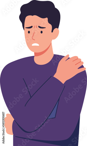 Concerned man in purple sweater holding his shoulder in a flat vector illustration depicting discomfort and uncertainty in a modern design style