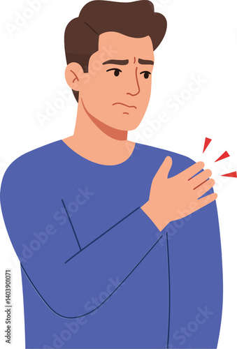 A young man in a blue sweater expressing discomfort from shoulder pain in a flat vector illustration style conveying a sense of unease and concern in his expression