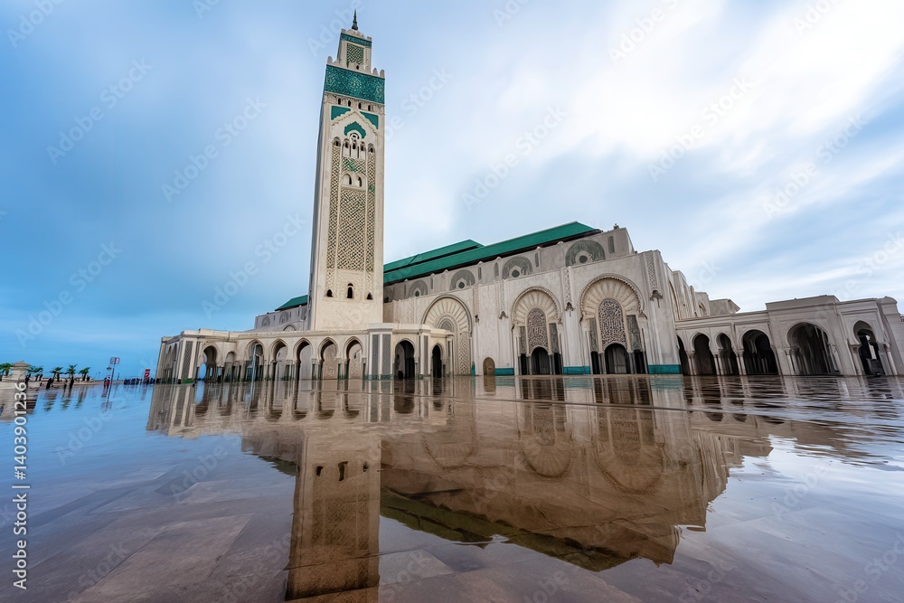 Fototapeta premium Majestic mosque with reflection under a vibrant, cloud-filled sky.