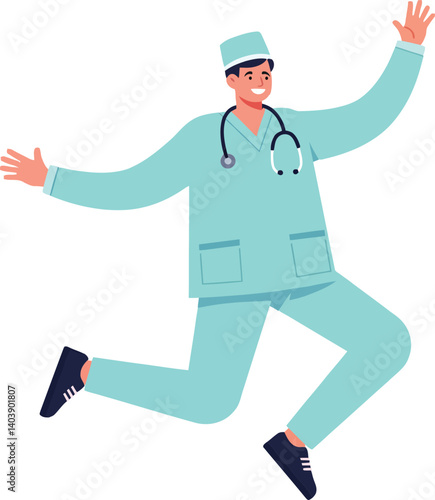 A joyful male doctor in scrubs jumping with excitement in a playful, flat design style, showcasing a vibrant and energetic mood in this vector illustration