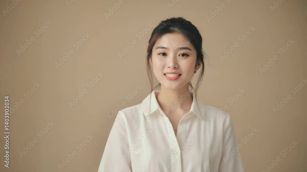 A woman poses for a photo wearing a white shirt. A woman poses for a photo wearing a white shirt.