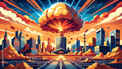 Missile Attack on the Civil City Apocalyptic Sky Spectacular Art Illustration. Big Air Bomb Explosion War Apocalypse Background. AI Neural Network Computer Generated Art armageddon 