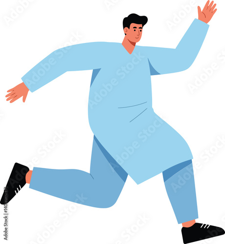Dynamic young man in a blue outfit running energetically in a flat, minimal design style vector illustration