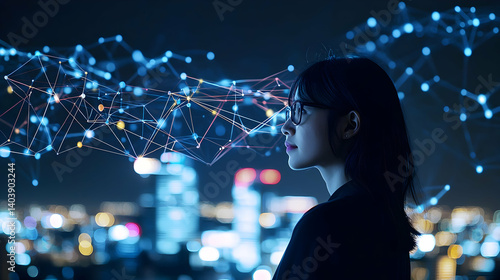 Woman in Glasses Observing City Lights and Digital Network at Night
