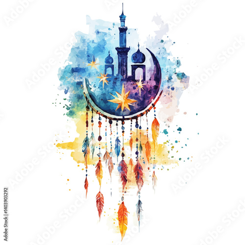 Dreamcatcher With Star Threads, vector watercolor illustration, isolated on a white background.
