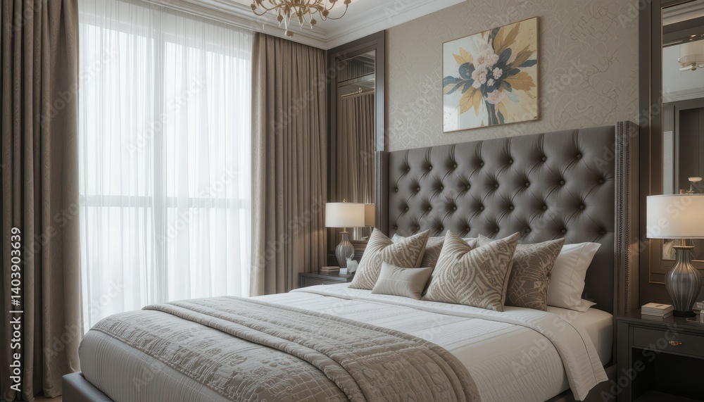 Fototapeta premium Elegant modern bedroom design with plush headboard, soft bedding, and natural light from windows
