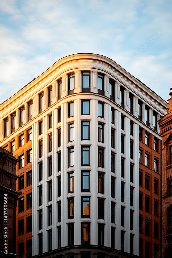 Architectural Elegance: A multi-story building with a rounded corner showcases detailed windows and classic design against a bright sky. Architectural Elegance: A multi-story building with a rounded corner showcases detailed windows and classic design against a bright sky.