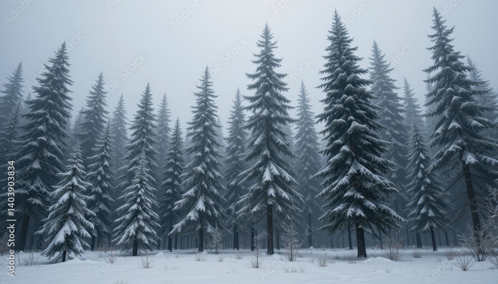 Fototapeta premium Peaceful Winter Landscape with Snow-Covered Evergreen Forest in Misty Atmosphere