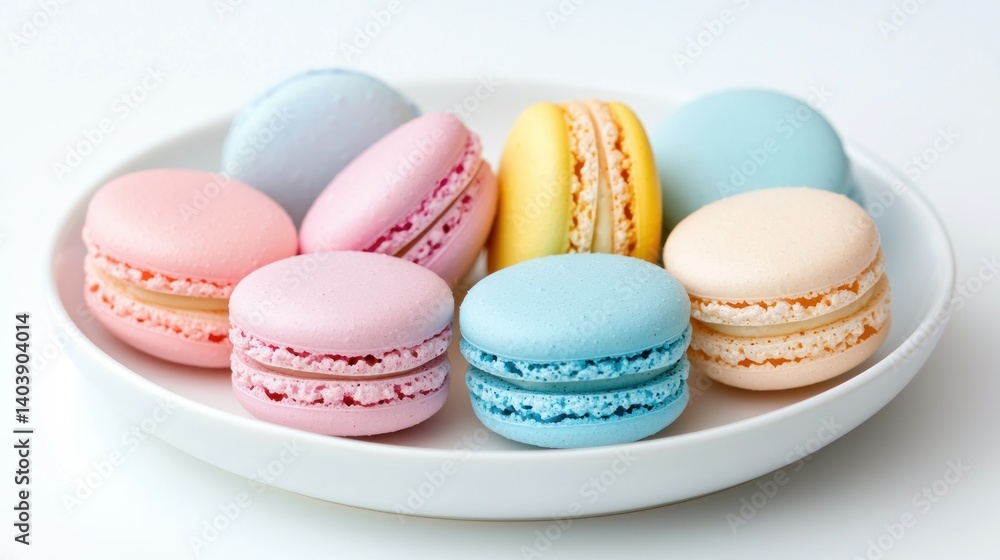 Several vibrantly colored macarons artfully arranged on a white plate Several vibrantly colored macarons artfully arranged on a white plate