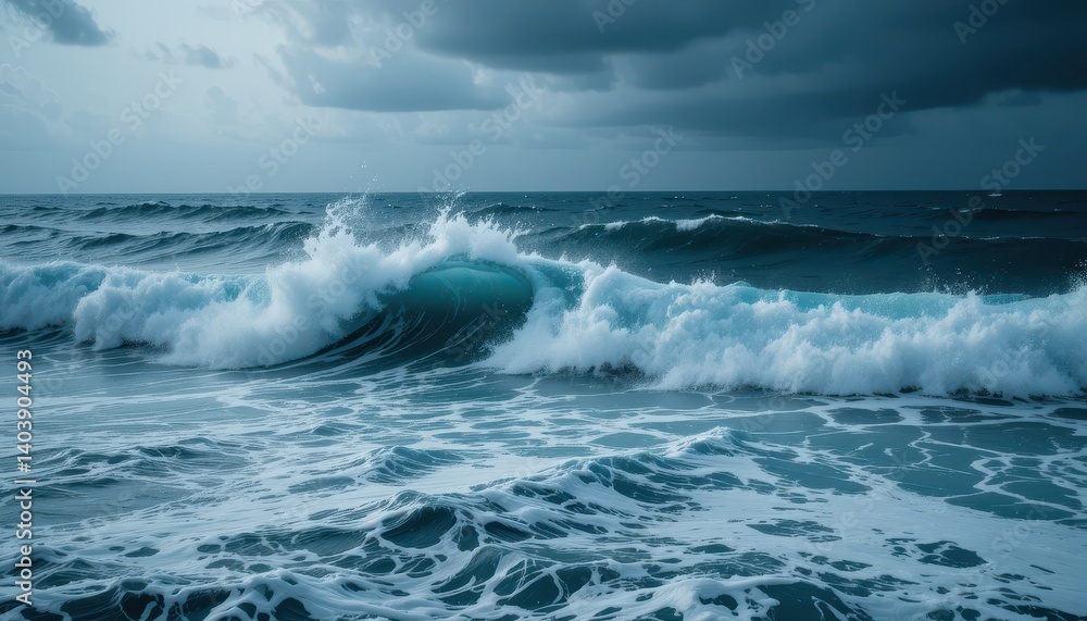Dramatic Ocean Waves Crashing on the Shore with Dark Clouds and Serene Blue Tones Dramatic Ocean Waves Crashing on the Shore with Dark Clouds and Serene Blue Tones