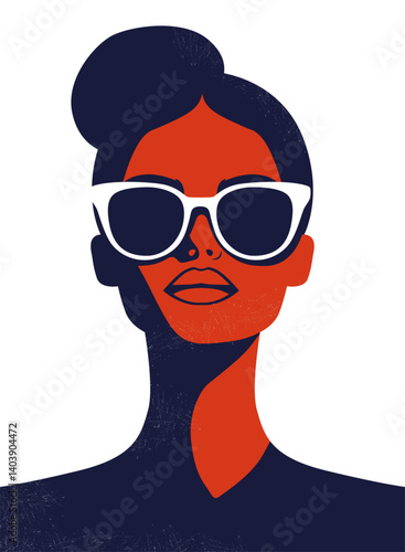 Fashionable charming brunette girl. Young beautiful fashion woman with sunglasses Abstract female face, contemporary design drawing in retro style placard, vector illustration 